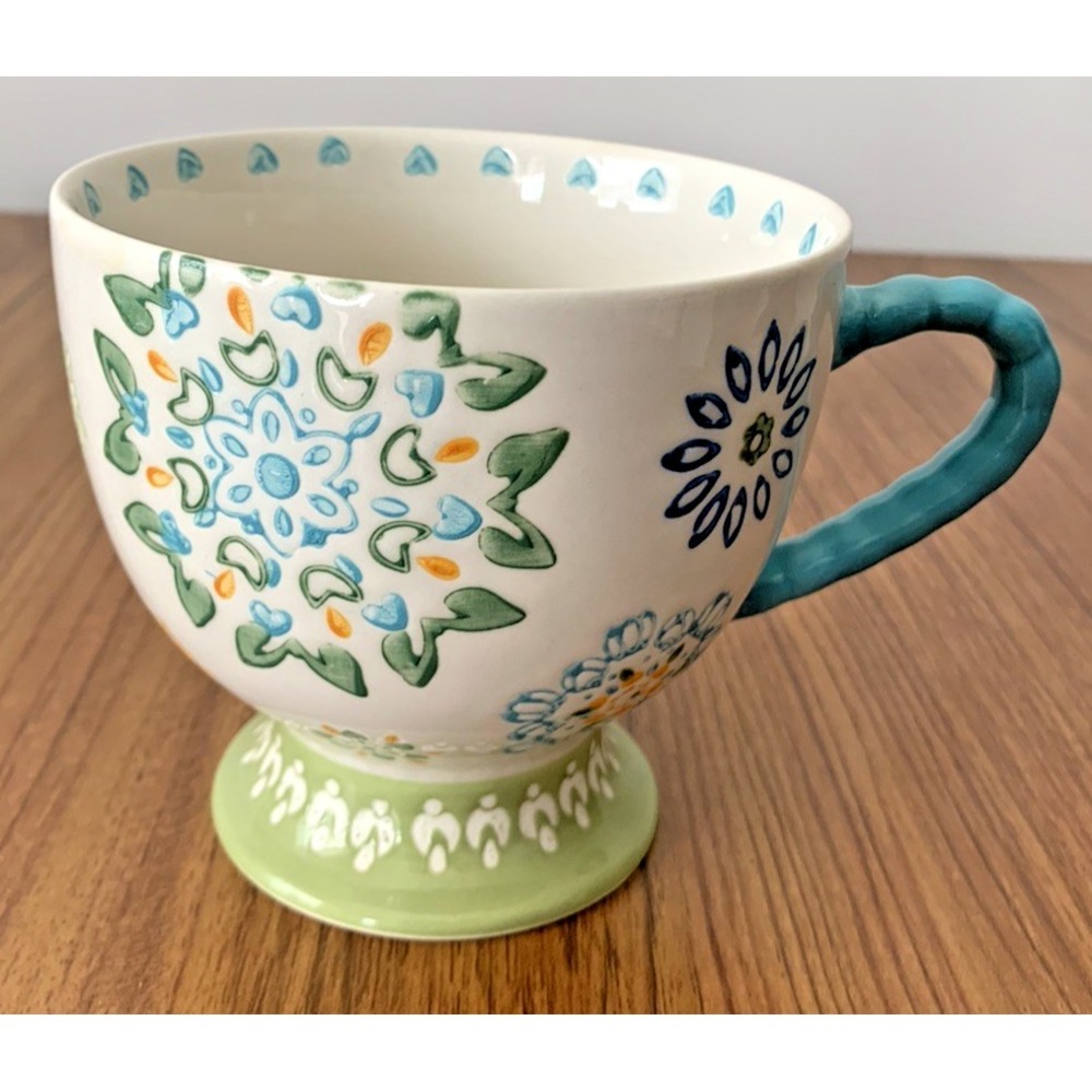 Dutch Wax Anthropologie Large Footed Mug Cup Floral Hand Painted Ceramic 16 Oz
